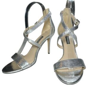 Nine West My Debut Crackled Silver Metallic Crisscross Strap Sandal Size 9